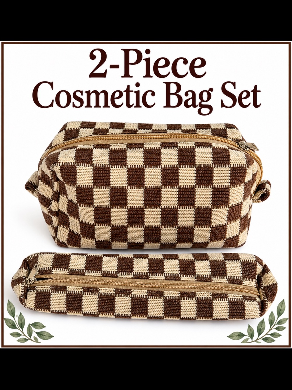 2.-Piece Brown & Cream Checkered Cosmetic Bag Set